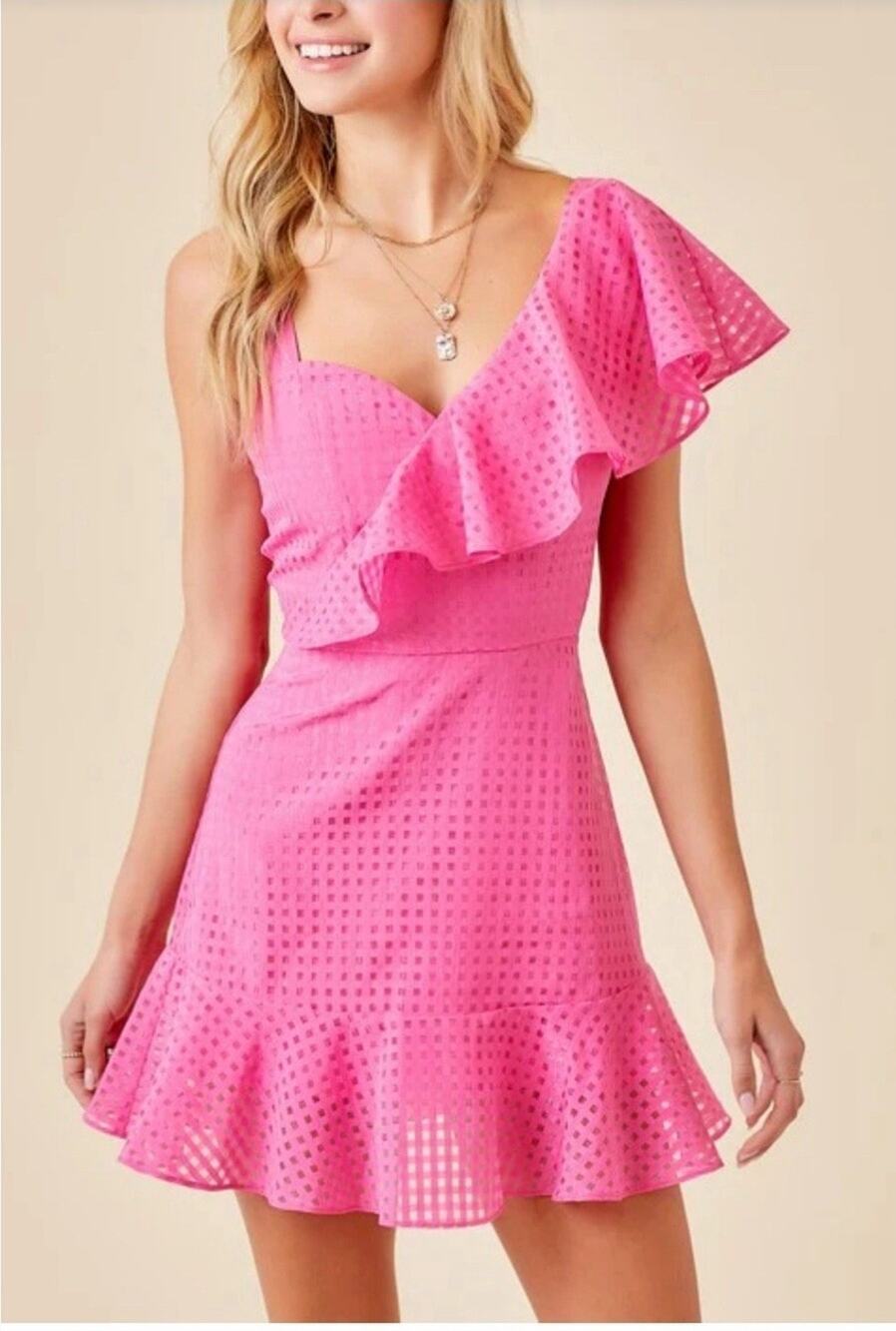 Day + Moon Hot Pink Checkered Ruffle Sexy Mini Dress Size S Summer Spring